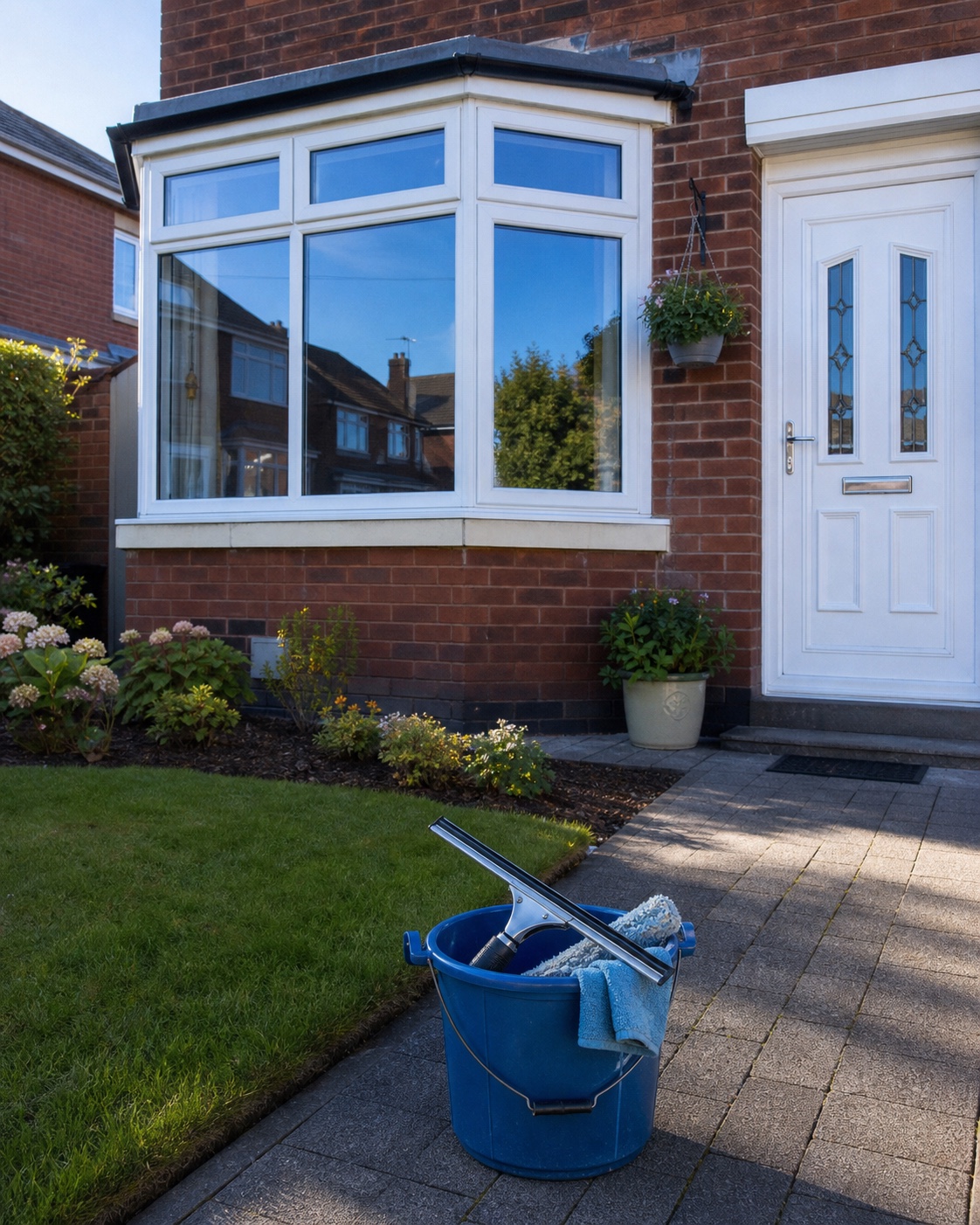 Traditional window-cleaning tools outside a freshly cleaned local home